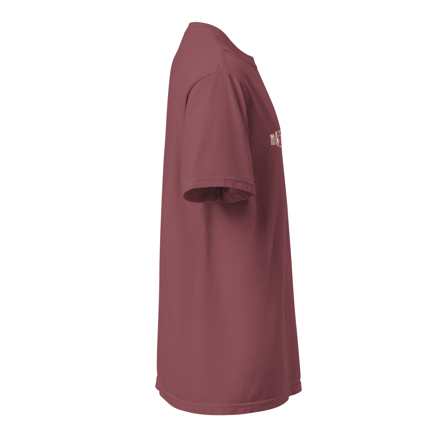 Maroon t-shirt with a logo on a white background