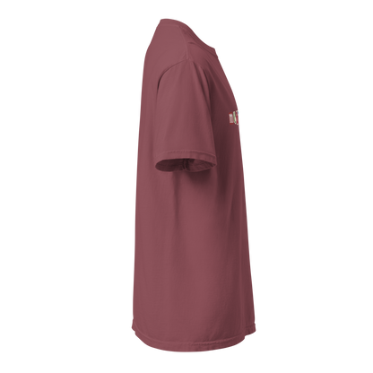 Maroon t-shirt with a logo on a white background