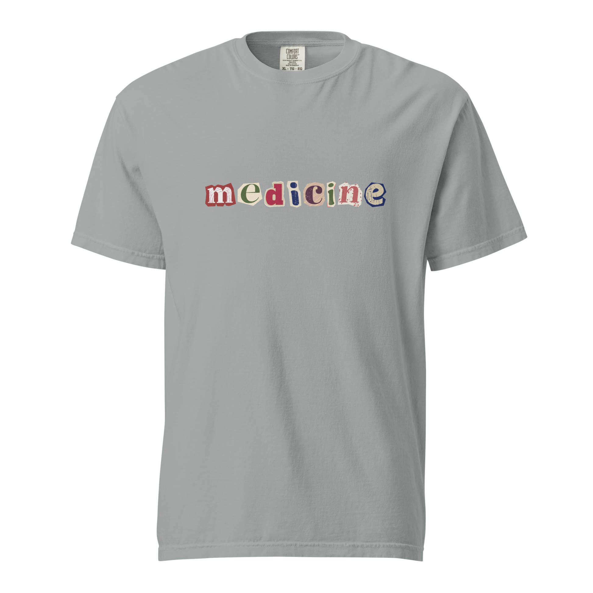 Gray t-shirt with 'medicine' in colorful letters on a white background