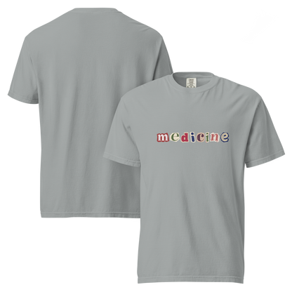 Gray t-shirt with 'medicine' printed on the front, shown from front and back views.
